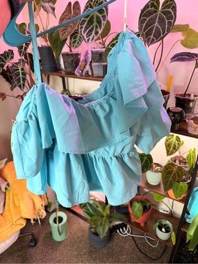 Light Blue Ruffled Off-Shoulder Top - Women